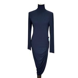 Norma Kamali Black Long Sleeve Turtleneck Side Drape Mid-Calf Dress S/36